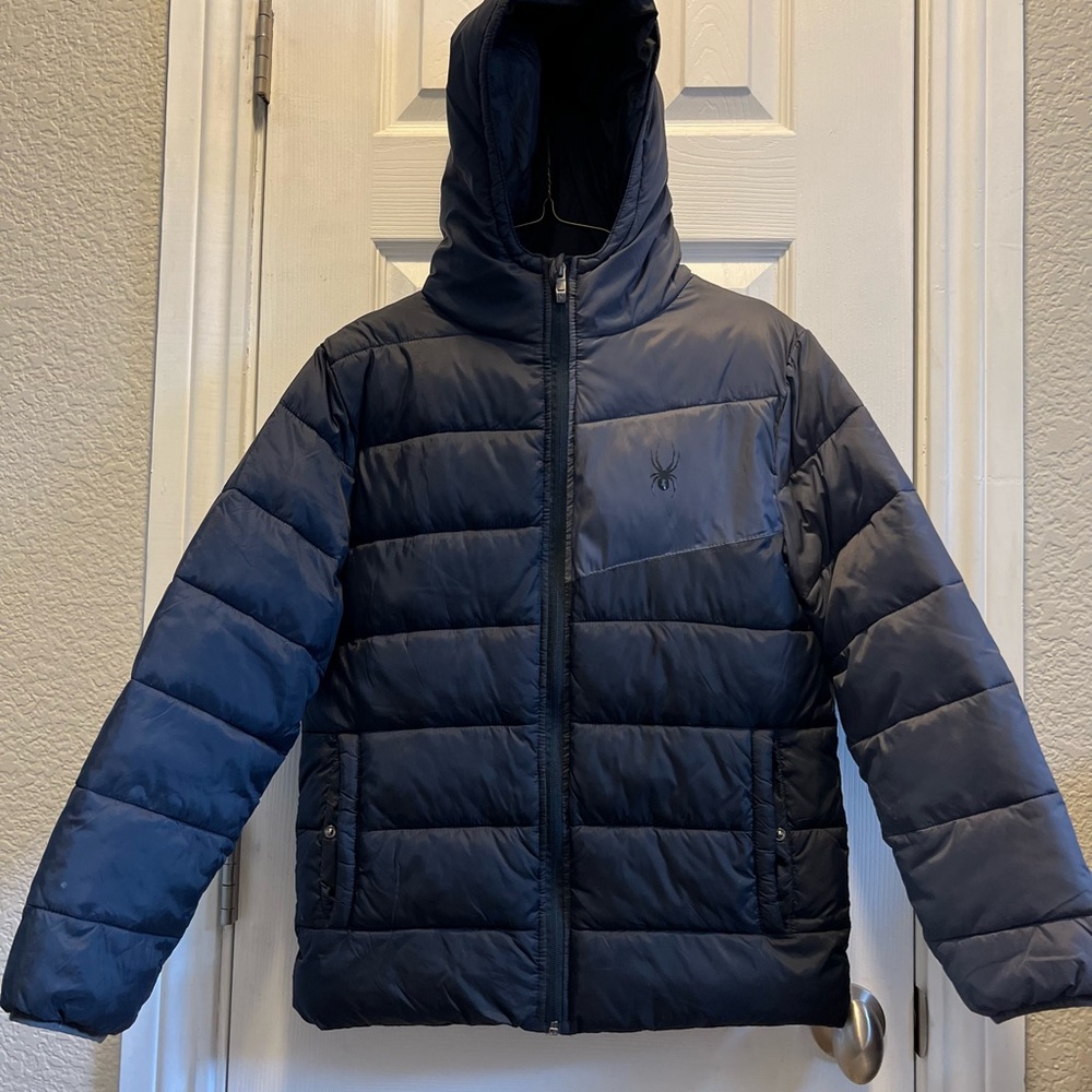 Spyder Black Puffer Jacket with Hood and Quilted Design